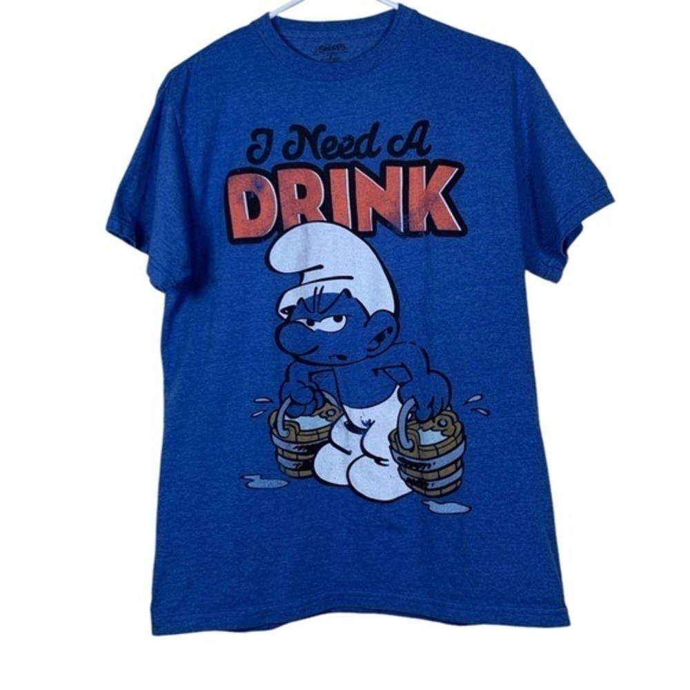I NEED A DRINK SMURF Blue Graphic Shirt Size Med EUC #DS-1659